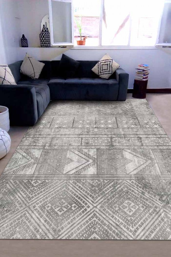 Akabe Desenli Pamuk Tabanlı Yıkanabilen Kaydırmaz Antibakteriyel Şönil Salon Halısı