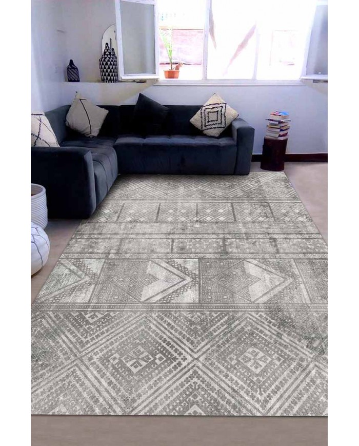 Akabe Desenli Pamuk Tabanlı Yıkanabilen Kaydırmaz Antibakteriyel Şönil Salon Halısı