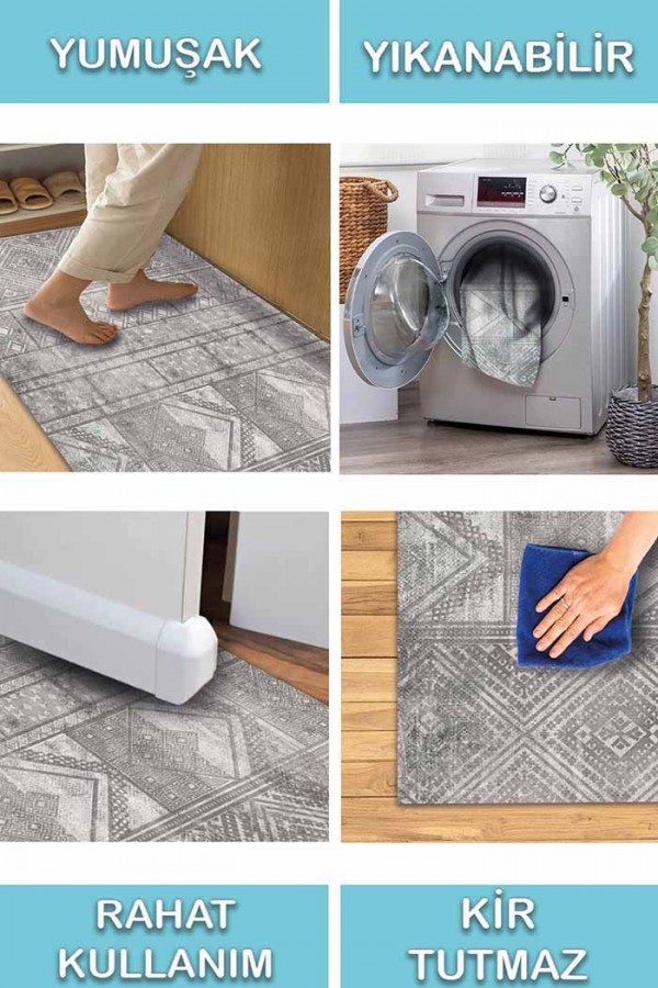 Akabe Desenli Pamuk Tabanlı Yıkanabilen Kaydırmaz Antibakteriyel Şönil Salon Halısı