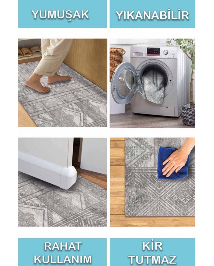 Akabe Desenli Pamuk Tabanlı Yıkanabilen Kaydırmaz Antibakteriyel Şönil Salon Halısı