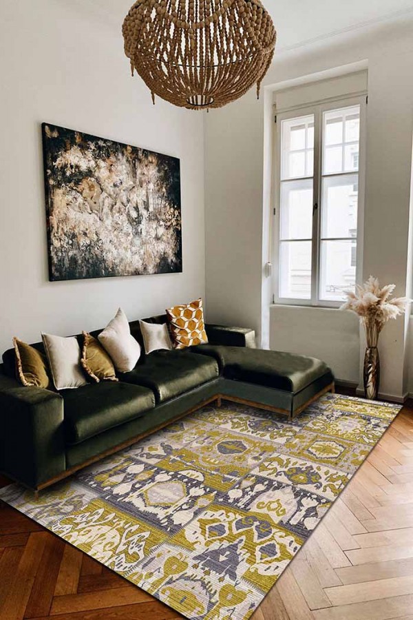 Alder Patchwork Desenli Pamuk Tabanlı Yıkanabilen Kaydırmaz Antibakteriyel Şönil Salon Halısı