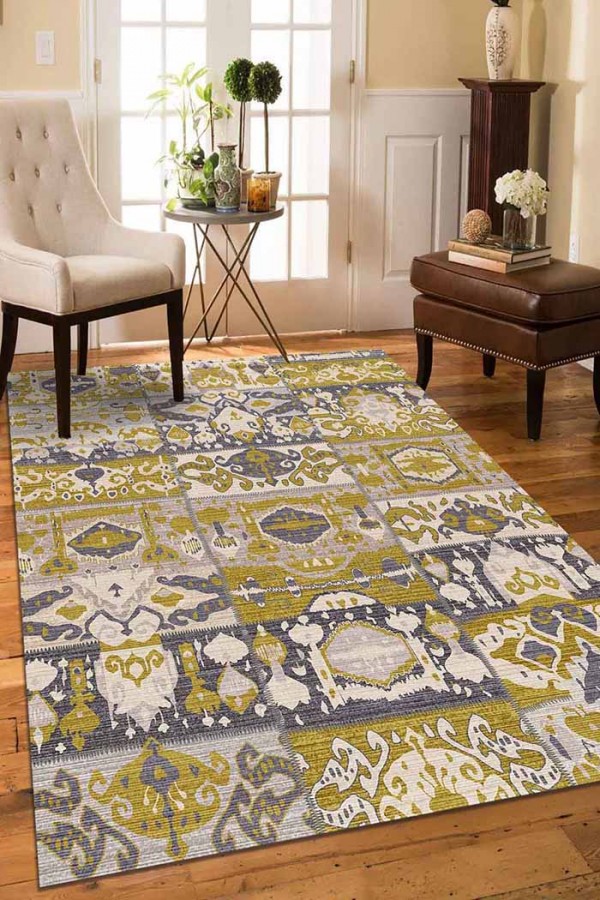 Alder Patchwork Desenli Pamuk Tabanlı Yıkanabilen Kaydırmaz Antibakteriyel Şönil Salon Halısı