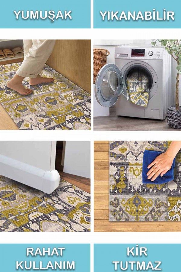 Alder Patchwork Desenli Pamuk Tabanlı Yıkanabilen Kaydırmaz Antibakteriyel Şönil Salon Halısı