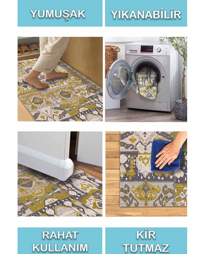 Alder Patchwork Desenli Pamuk Tabanlı Yıkanabilen Kaydırmaz Antibakteriyel Şönil Salon Halısı