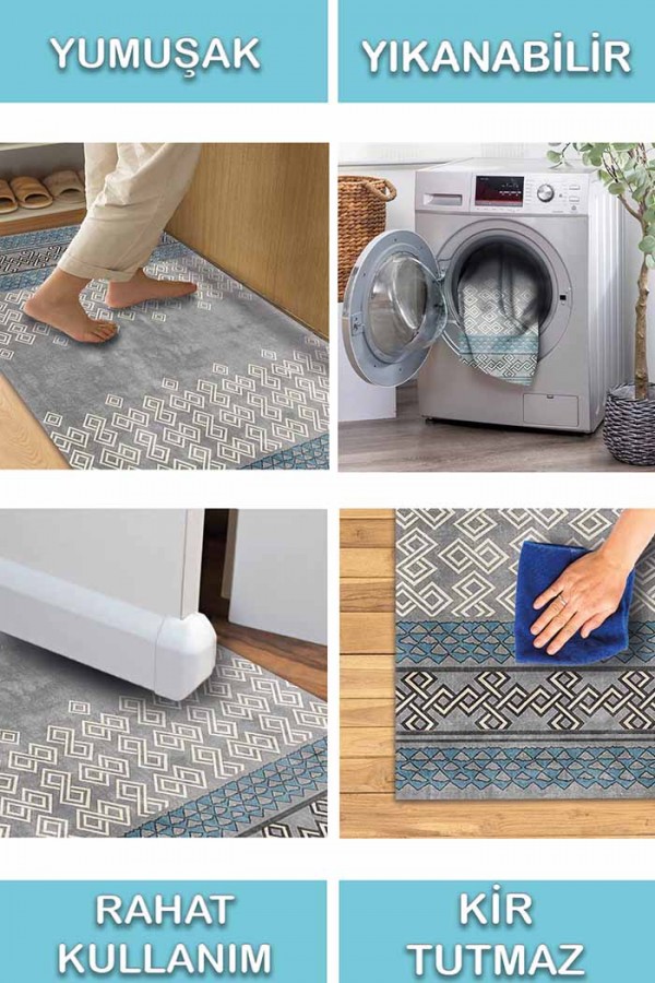 Alessi Desenli Pamuk Tabanlı Yıkanabilen Kaydırmaz Antibakteriyel Şönil Salon Halısı