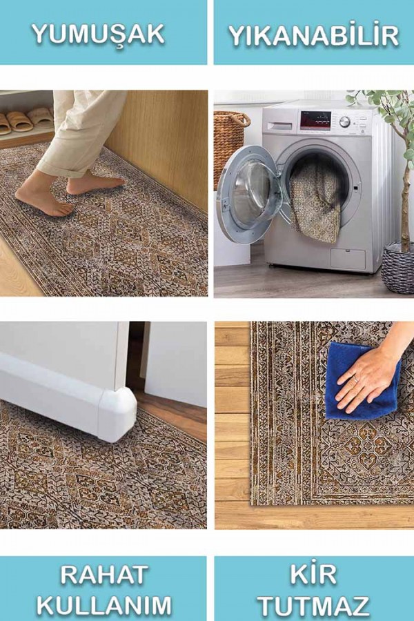 Allix Desenli Pamuk Tabanlı Yıkanabilen Kaydırmaz Antibakteriyel Şönil Salon Halısı