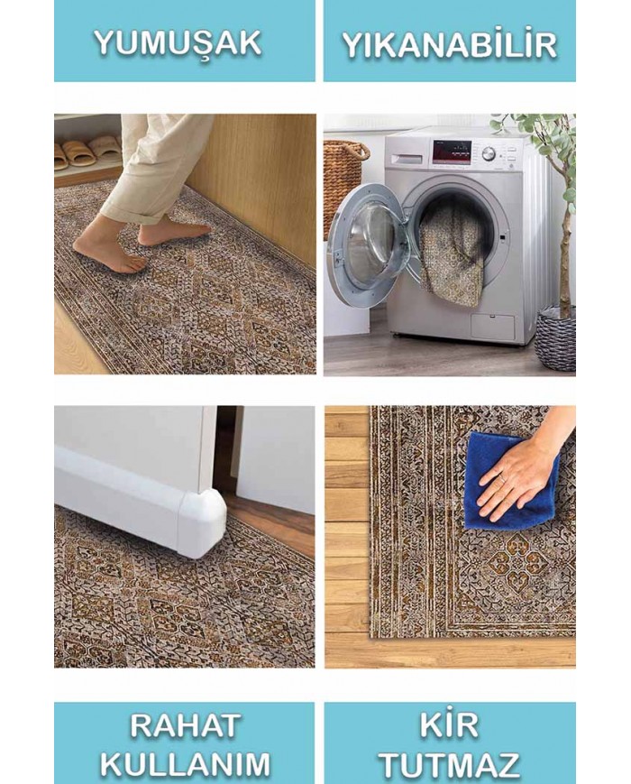 Allix Desenli Pamuk Tabanlı Yıkanabilen Kaydırmaz Antibakteriyel Şönil Salon Halısı