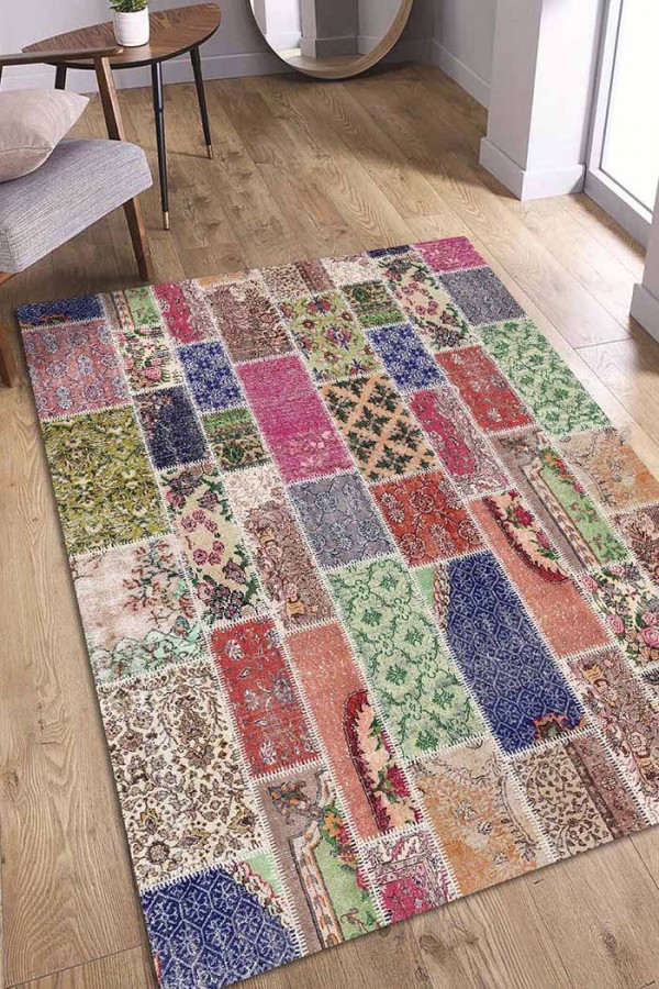 Angela Patchwork Desenli Pamuk Tabanlı Yıkanabilen Kaydırmaz Antibakteriyel Şönil Salon Halısı Angela Patchwork Desenli Pamuk Tabanlı Yıkanabilen Kaydırmaz Antibakteriyel Şönil Salon Halısı
