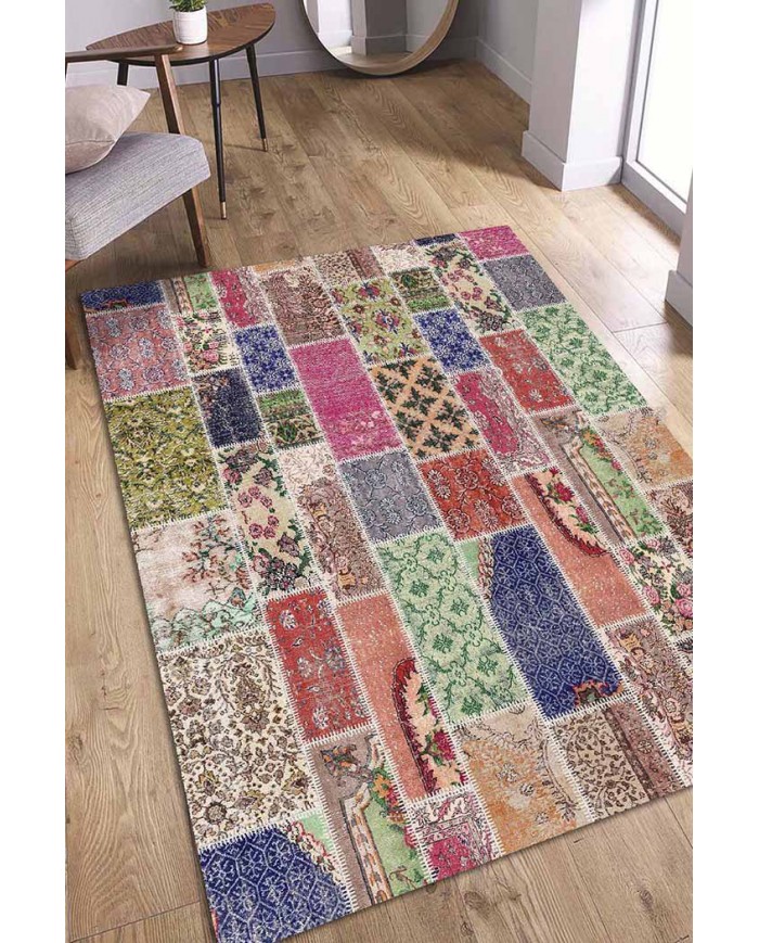 Angela Patchwork Desenli Pamuk Tabanlı Yıkanabilen Kaydırmaz Antibakteriyel Şönil Salon Halısı