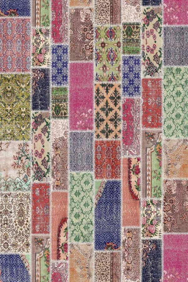 Angela Patchwork Desenli Pamuk Tabanlı Yıkanabilen Kaydırmaz Antibakteriyel Şönil Salon Halısı