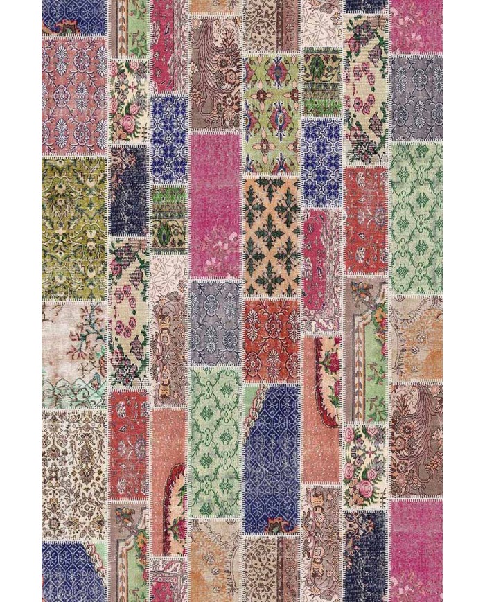 Angela Patchwork Desenli Pamuk Tabanlı Yıkanabilen Kaydırmaz Antibakteriyel Şönil Salon Halısı