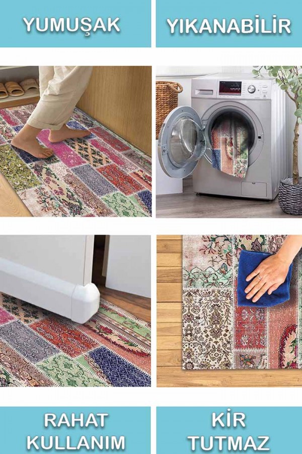 Angela Patchwork Desenli Pamuk Tabanlı Yıkanabilen Kaydırmaz Antibakteriyel Şönil Salon Halısı