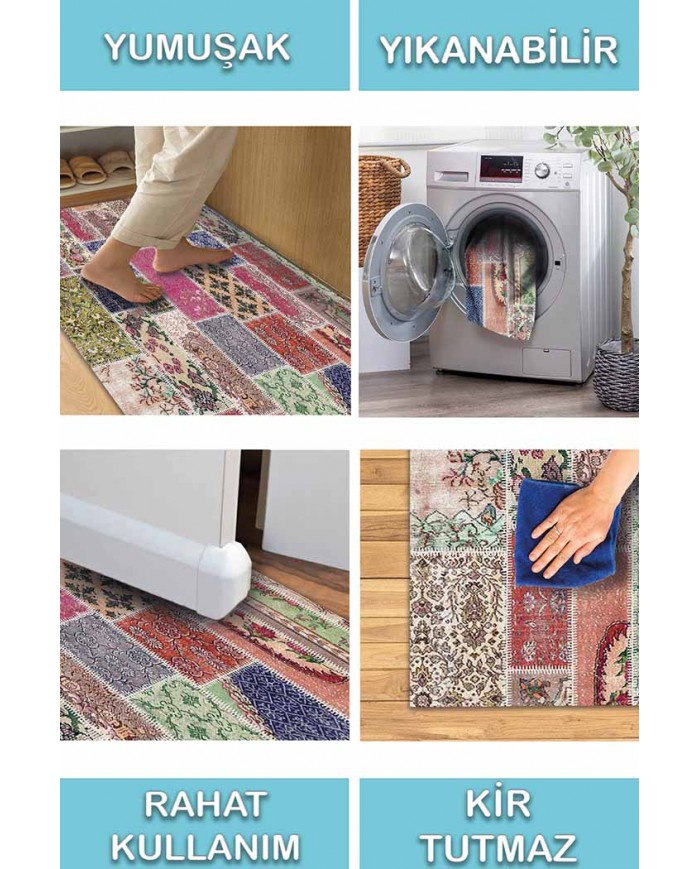 Angela Patchwork Desenli Pamuk Tabanlı Yıkanabilen Kaydırmaz Antibakteriyel Şönil Salon Halısı