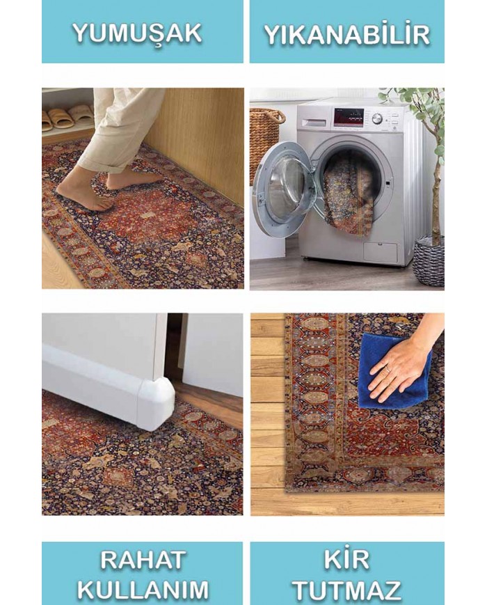 Arpiar Desenli Pamuk Tabanlı Yıkanabilen Kaydırmaz Antibakteriyel Şönil Salon Halısı