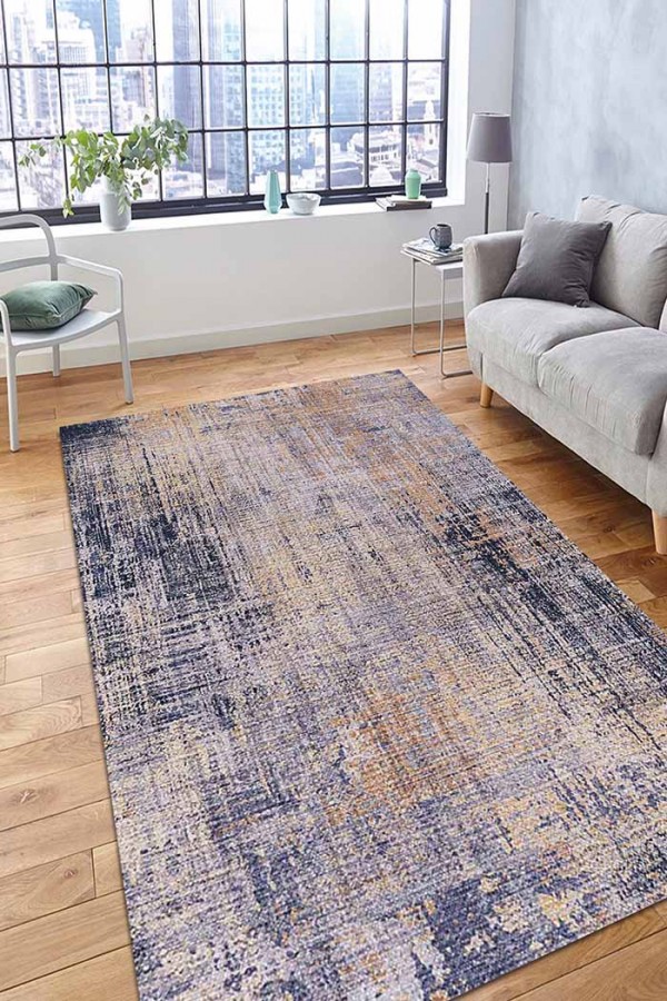 Astratto Blu B Desenli Pamuk Tabanlı Yıkanabilen Kaydırmaz Antibakteriyel Şönil Salon Halısı