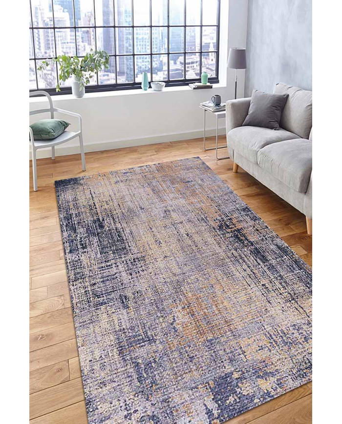 Astratto Blu B Desenli Pamuk Tabanlı Yıkanabilen Kaydırmaz Antibakteriyel Şönil Salon Halısı