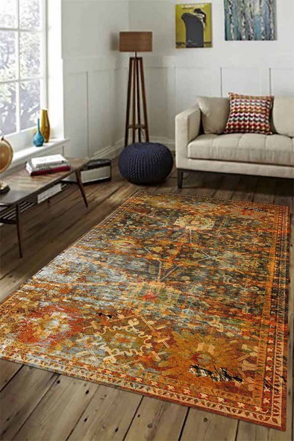 Babs Eskitme Desenli Pamuk Tabanlı Yıkanabilen Kaydırmaz Antibakteriyel Şönil Salon Halısı