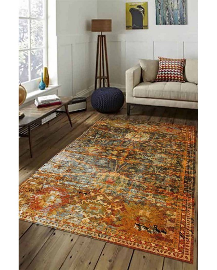 Babs Eskitme Desenli Pamuk Tabanlı Yıkanabilen Kaydırmaz Antibakteriyel Şönil Salon Halısı