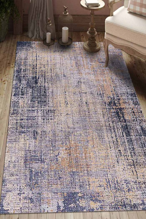 Astratto Blu B Desenli Pamuk Tabanlı Yıkanabilen Kaydırmaz Antibakteriyel Şönil Salon Halısı