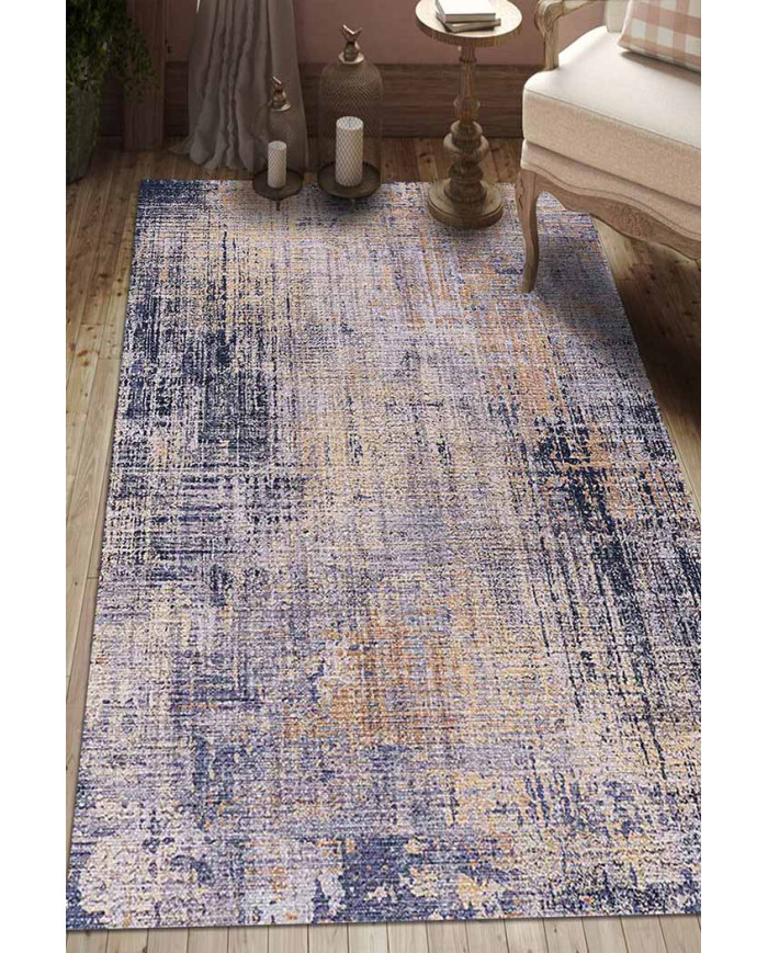 Astratto Blu B Desenli Pamuk Tabanlı Yıkanabilen Kaydırmaz Antibakteriyel Şönil Salon Halısı