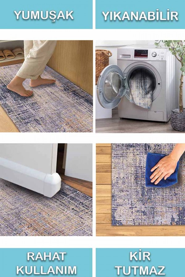 Astratto Blu B Desenli Pamuk Tabanlı Yıkanabilen Kaydırmaz Antibakteriyel Şönil Salon Halısı