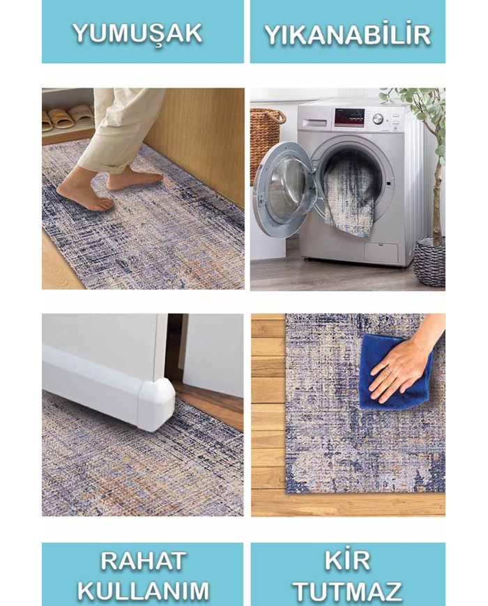 Astratto Blu B Desenli Pamuk Tabanlı Yıkanabilen Kaydırmaz Antibakteriyel Şönil Salon Halısı