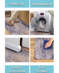 Astratto Blu B Desenli Pamuk Tabanlı Yıkanabilen Kaydırmaz Antibakteriyel Şönil Salon Halısı