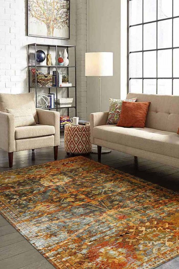 Babs Eskitme Desenli Pamuk Tabanlı Yıkanabilen Kaydırmaz Antibakteriyel Şönil Salon Halısı