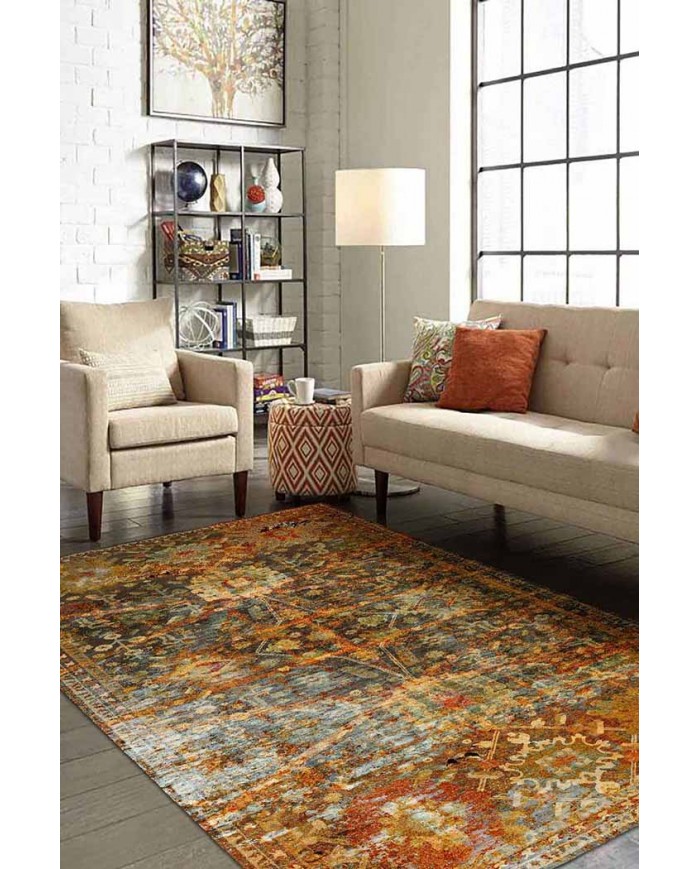 Babs Eskitme Desenli Pamuk Tabanlı Yıkanabilen Kaydırmaz Antibakteriyel Şönil Salon Halısı