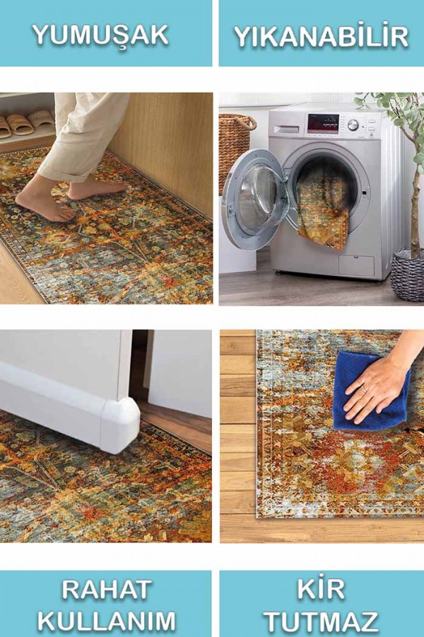 Babs Eskitme Desenli Pamuk Tabanlı Yıkanabilen Kaydırmaz Antibakteriyel Şönil Salon Halısı