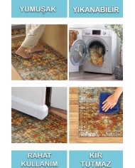Babs Eskitme Desenli Pamuk Tabanlı Yıkanabilen Kaydırmaz Antibakteriyel Şönil Salon Halısı