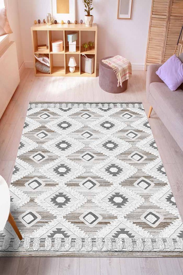 Bashar Desenli Pamuk Tabanlı Yıkanabilen Kaydırmaz Antibakteriyel Şönil Salon Halısı