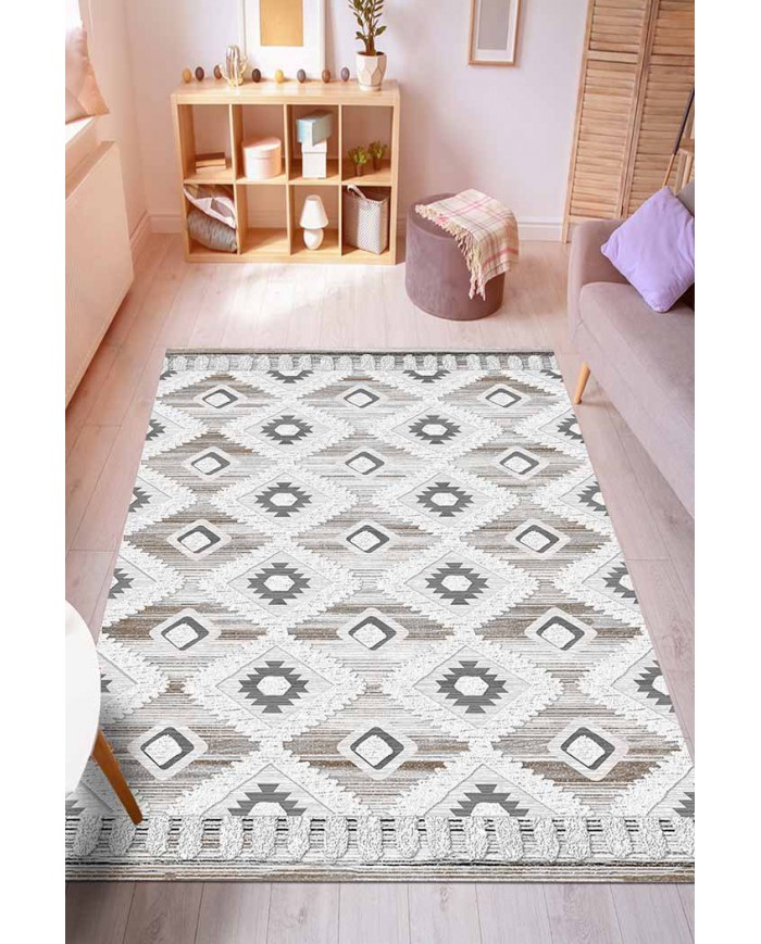 Bashar Desenli Pamuk Tabanlı Yıkanabilen Kaydırmaz Antibakteriyel Şönil Salon Halısı