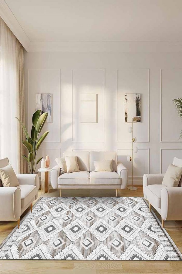 Bashar Desenli Pamuk Tabanlı Yıkanabilen Kaydırmaz Antibakteriyel Şönil Salon Halısı