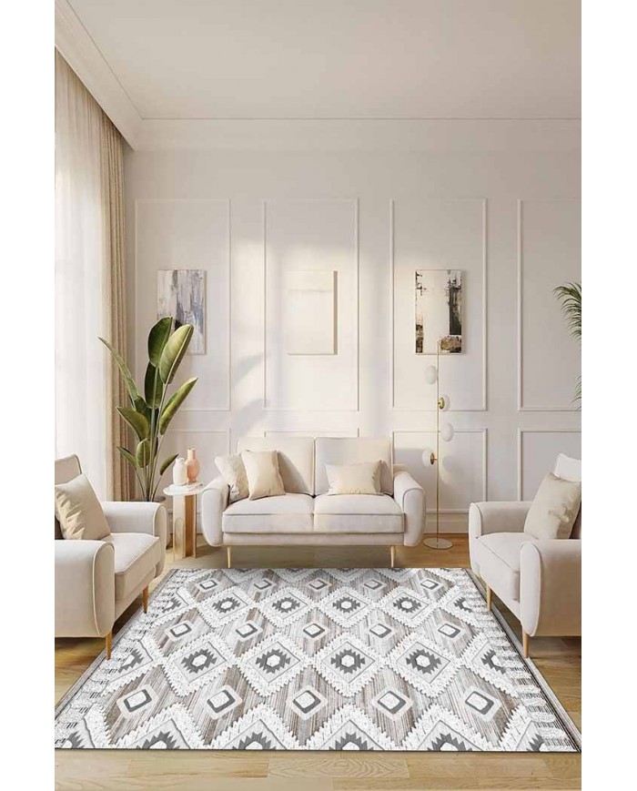 Bashar Desenli Pamuk Tabanlı Yıkanabilen Kaydırmaz Antibakteriyel Şönil Salon Halısı