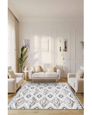 Bashar Desenli Pamuk Tabanlı Yıkanabilen Kaydırmaz Antibakteriyel Şönil Salon Halısı