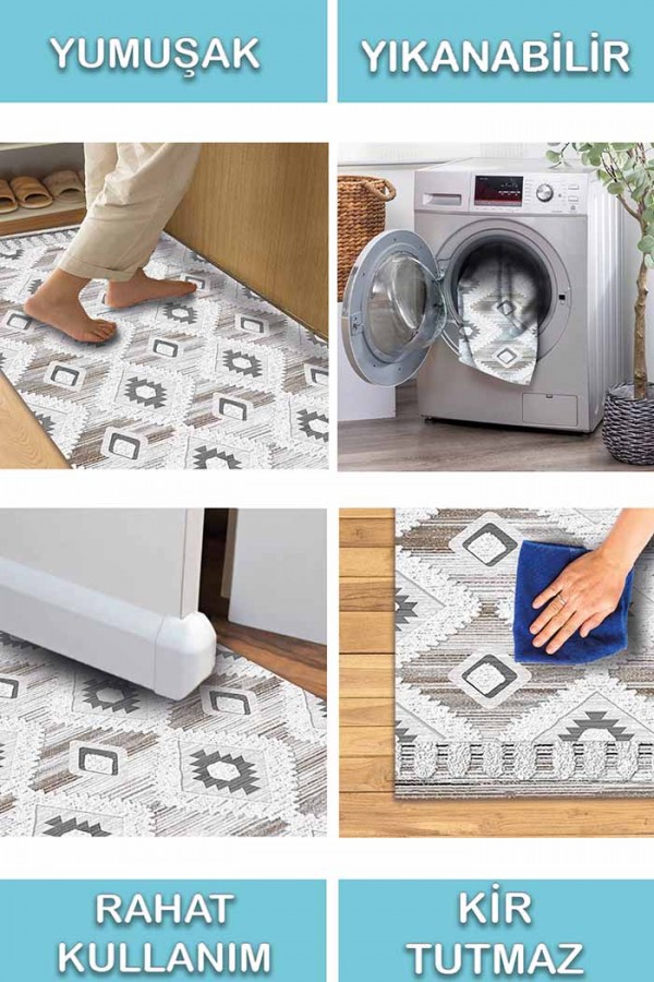 Bashar Desenli Pamuk Tabanlı Yıkanabilen Kaydırmaz Antibakteriyel Şönil Salon Halısı