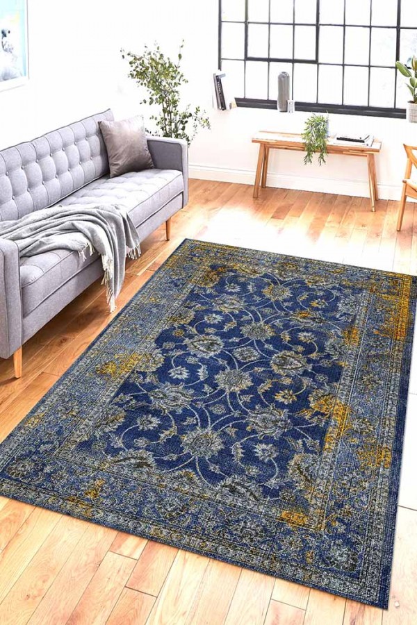 Beja Eskitme Desenli Pamuk Tabanlı Yıkanabilen Kaydırmaz Antibakteriyel Şönil Salon Halısı