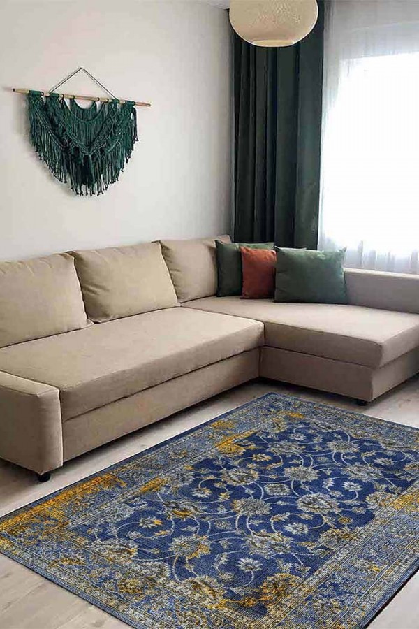 Beja Eskitme Desenli Pamuk Tabanlı Yıkanabilen Kaydırmaz Antibakteriyel Şönil Salon Halısı