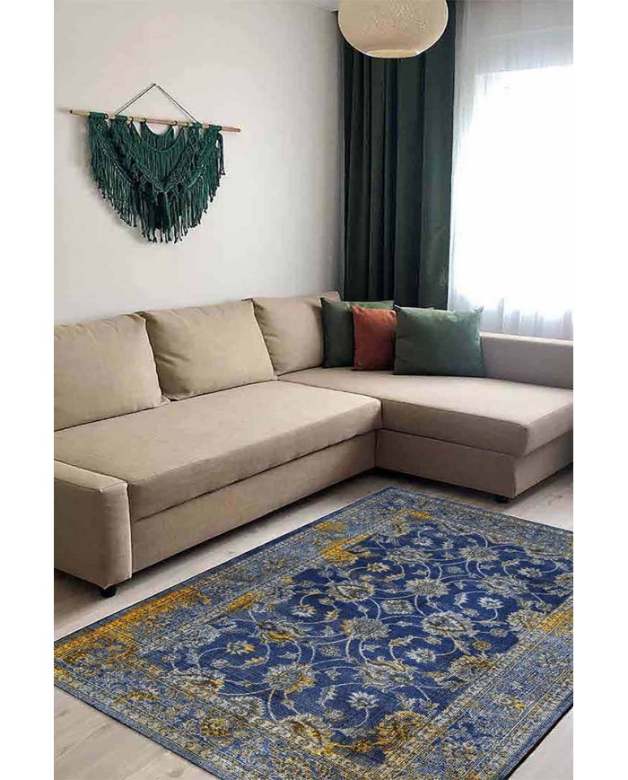 Beja Eskitme Desenli Pamuk Tabanlı Yıkanabilen Kaydırmaz Antibakteriyel Şönil Salon Halısı