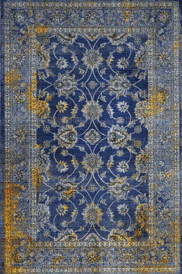 Beja Eskitme Desenli Pamuk Tabanlı Yıkanabilen Kaydırmaz Antibakteriyel Şönil Salon Halısı