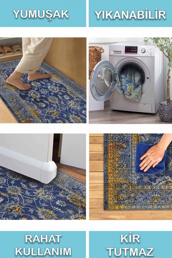 Beja Eskitme Desenli Pamuk Tabanlı Yıkanabilen Kaydırmaz Antibakteriyel Şönil Salon Halısı