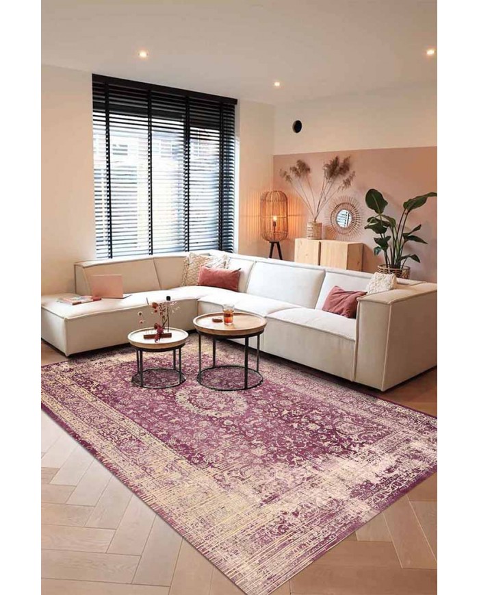 Blossom Eskitme Desenli Pamuk Tabanlı Yıkanabilen Kaydırmaz Antibakteriyel Şönil Salon Halısı