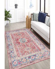 Blue Rosso Eskitme Desenli Pamuk Tabanlı Yıkanabilen Kaydırmaz Antibakteriyel Şönil Salon Halısı