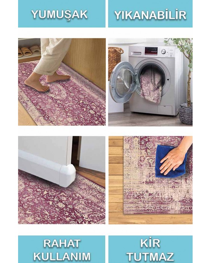 Blossom Eskitme Desenli Pamuk Tabanlı Yıkanabilen Kaydırmaz Antibakteriyel Şönil Salon Halısı