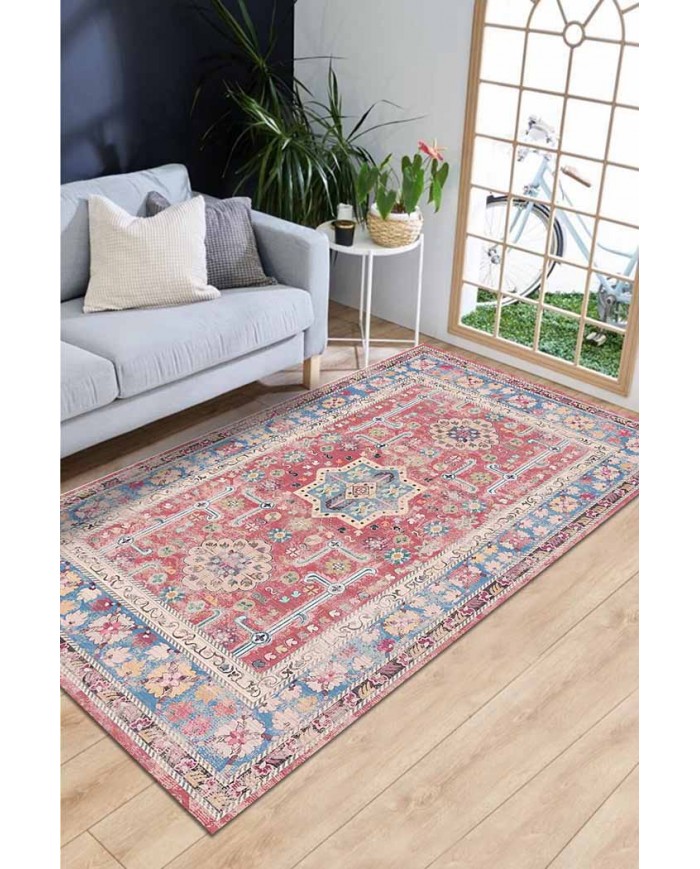 Blue Rosso Eskitme Desenli Pamuk Tabanlı Yıkanabilen Kaydırmaz Antibakteriyel Şönil Salon Halısı