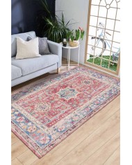 Blue Rosso Eskitme Desenli Pamuk Tabanlı Yıkanabilen Kaydırmaz Antibakteriyel Şönil Salon Halısı