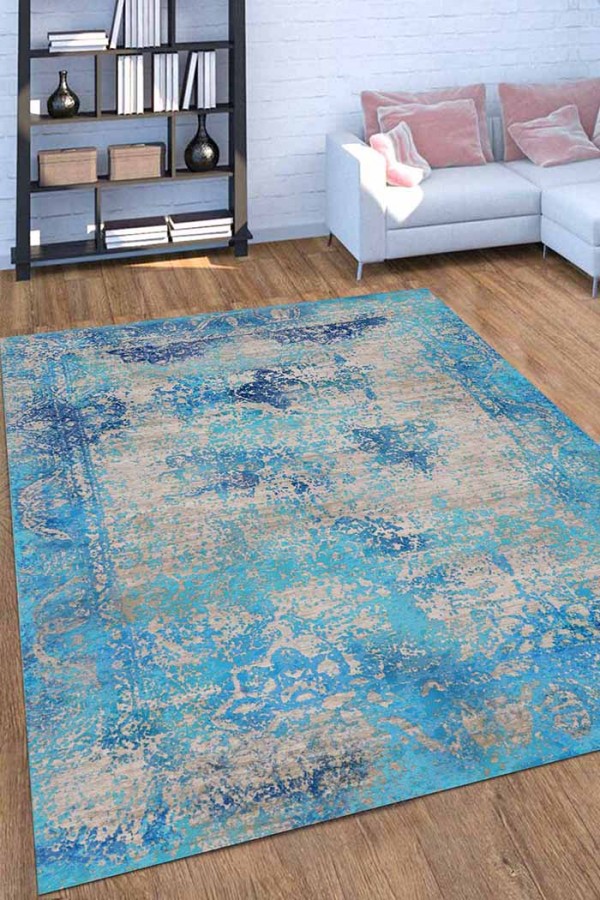 Belissa Desenli Pamuk Tabanlı Yıkanabilen Kaydırmaz Antibakteriyel Şönil Salon Halısı