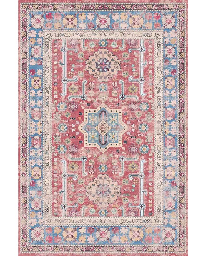 Blue Rosso Eskitme Desenli Pamuk Tabanlı Yıkanabilen Kaydırmaz Antibakteriyel Şönil Salon Halısı