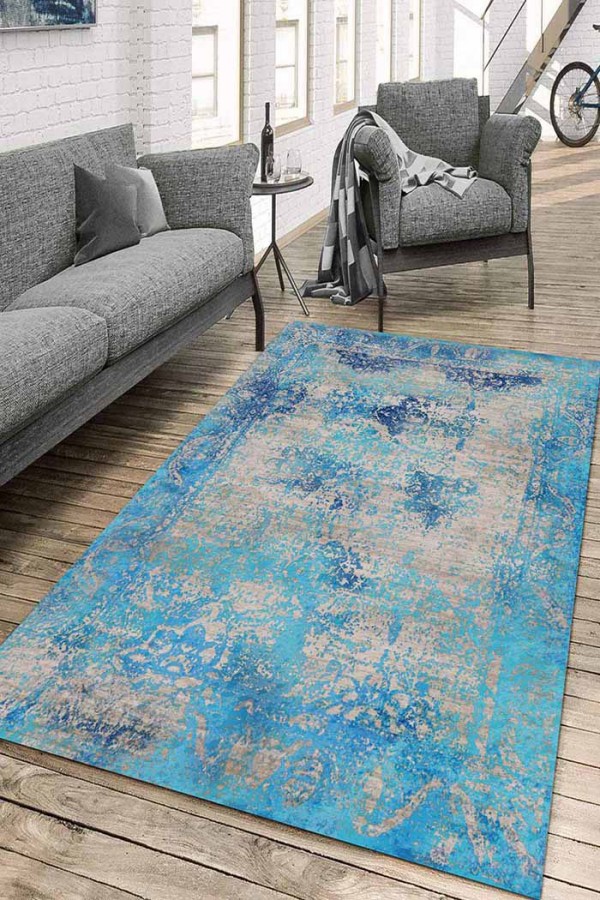 Belissa Desenli Pamuk Tabanlı Yıkanabilen Kaydırmaz Antibakteriyel Şönil Salon Halısı